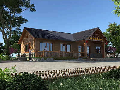 Wooden House with Black Roof Porch and Bamboo Fence Surrounded by Trees 3d model