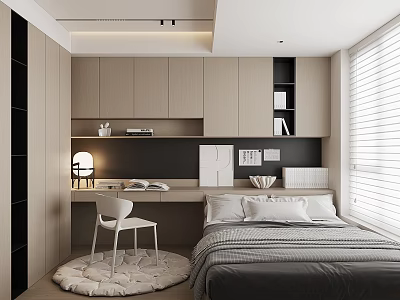 Tatami Bedroom Interior Minimalist Design With Desk Chair Lamp Storage Cabinets And Window Blinds 3d model