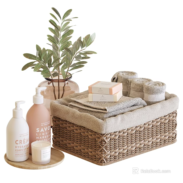 Bathroom Accessories With Wicker Basket Towels Skincare Products And Plant 3d model 
