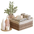 Bathroom Accessories With Wicker Basket Towels Skincare Products And Plant