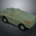 Green Military Armored Vehicle Featuring Top Mounted Equipment Wheeled Design And Weathered Surface