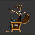 Open Wooden Treasure Chest Featuring Tree Branch Red Berries Little Bird Colorful Items and Coins