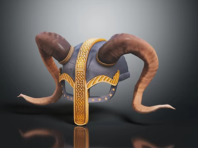 Viking Warrior Helmet Featuring Large Curved Ram Horns And Intricate Golden Patterns 3d model