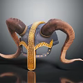 Viking Warrior Helmet Featuring Large Curved Ram Horns And Intricate Golden Patterns