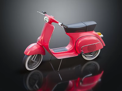 Red Vintage Scooter with Black Seat on Dark Background Stand and Reflection 3d model