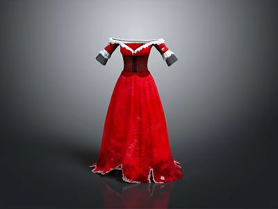 Red Elegant Long Sleeve Dress With White Trim And Lace Hem For Formal Occasions 3d model