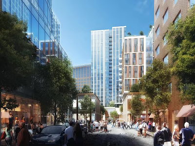 Vibrant Urban Commercial Street With Tall Buildings Lush Trees And Pedestrians 3d model