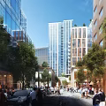 Vibrant Urban Commercial Street With Tall Buildings Lush Trees And Pedestrians