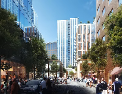 Vibrant Urban Commercial Street With Tall Buildings Lush Trees And Pedestrians 3d model