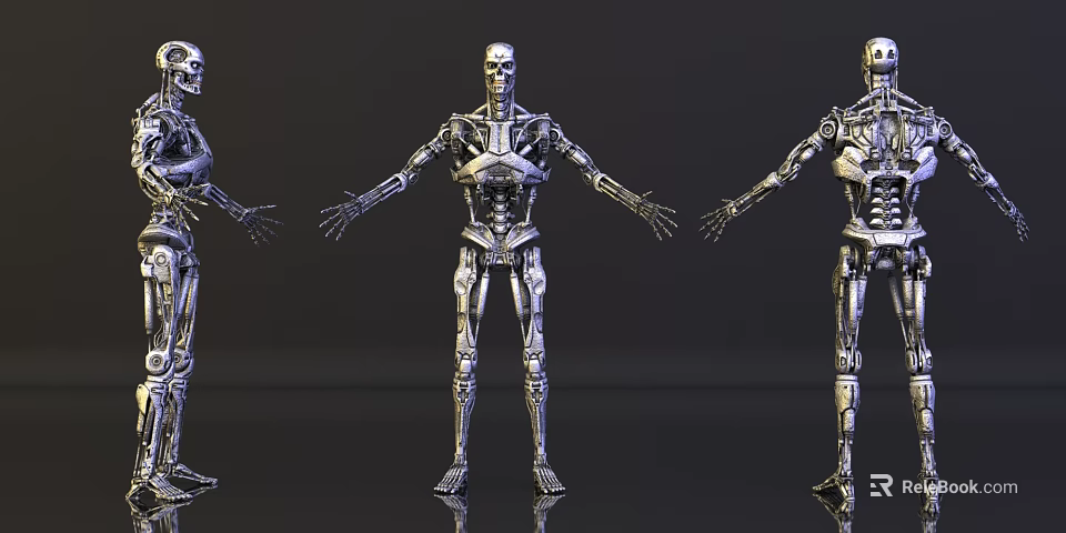 Silver Robotic Skeleton Figures In Biomechanical Style With Three Poses 3d model 