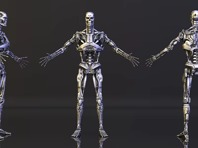 Silver Robotic Skeleton Figures In Biomechanical Style With Three Poses 3d model