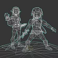 Two Adventurous Game Characters in Blue Outfits with Weapons on Glowing Platform