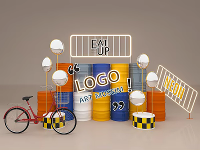 Vibrant Art Museum Display With Neon Signs Colorful Barrels And Vintage Bicycle 3d model