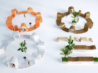 Modern Curved Outdoor Chairs With Modular Design And Green Plants For Garden Relaxation 3d model