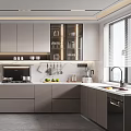 Modern Kitchen Interior With Gray Cabinets Appliances White Countertop And Natural Light