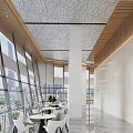 Modern Lounge Area With Large Windows City View White Tables Chairs And Green Plants
