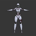 Game Movie Character Silver Female Mechanical Robot With Red Joint Details Standing In Gray Background