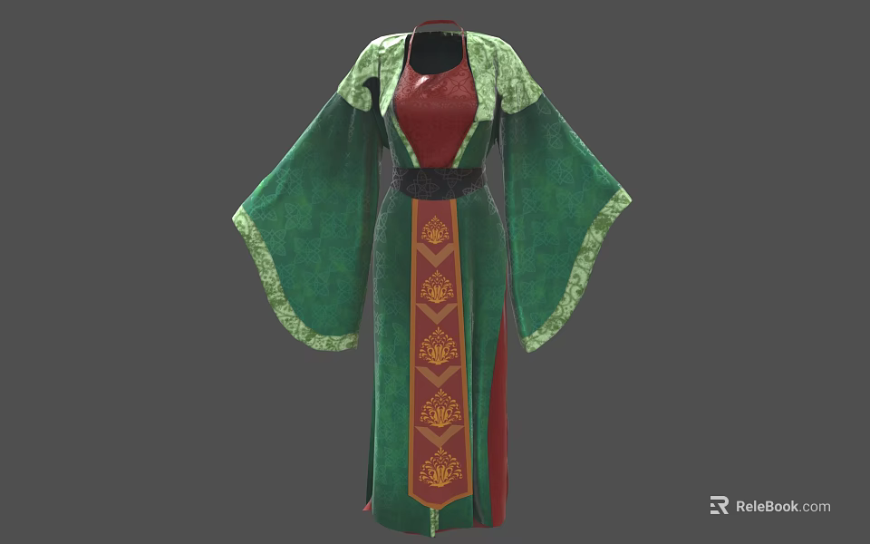 Traditional Green And Red Robe With Flowing Sleeves And Decorative Patterns 3d model 