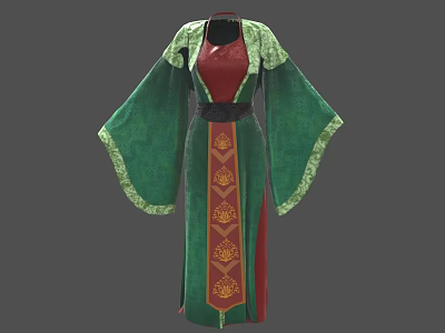 Traditional Green And Red Robe With Flowing Sleeves And Decorative Patterns 3d model