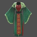 Traditional Green And Red Robe With Flowing Sleeves And Decorative Patterns