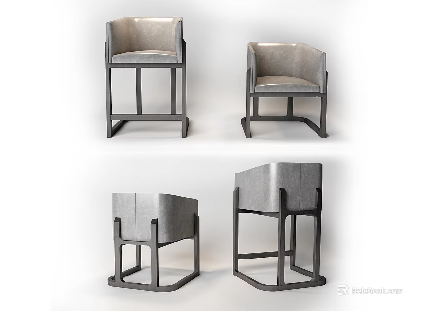 Modern Single Chair With Gray Leather Upholstery And Dark Geometric Frame Design 3d model 