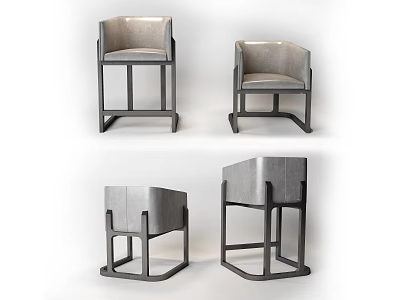 Modern Single Chair With Gray Leather Upholstery And Dark Geometric Frame Design 3d model