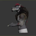 Fierce Mythical Creature Character With Red Horns Sharp Teeth Brown Mane And Red Arm Tattoos