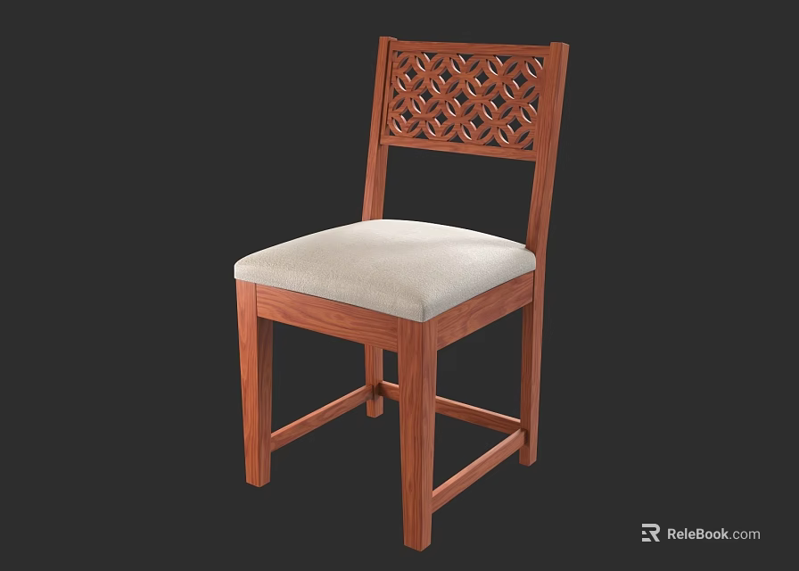 Solid Wood Single Chair With Carved Backrest And Light Colored Cushion 3d model