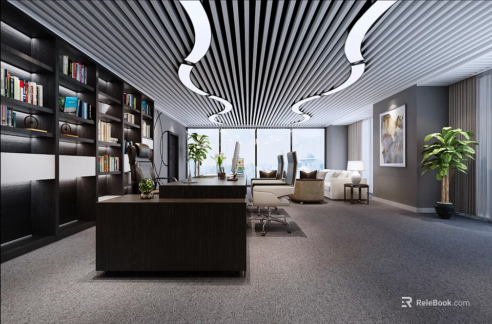 Elegant Office Interior With Black Bookshelves Striped Ceiling Curved Lights And Beige Sofas 3d model 