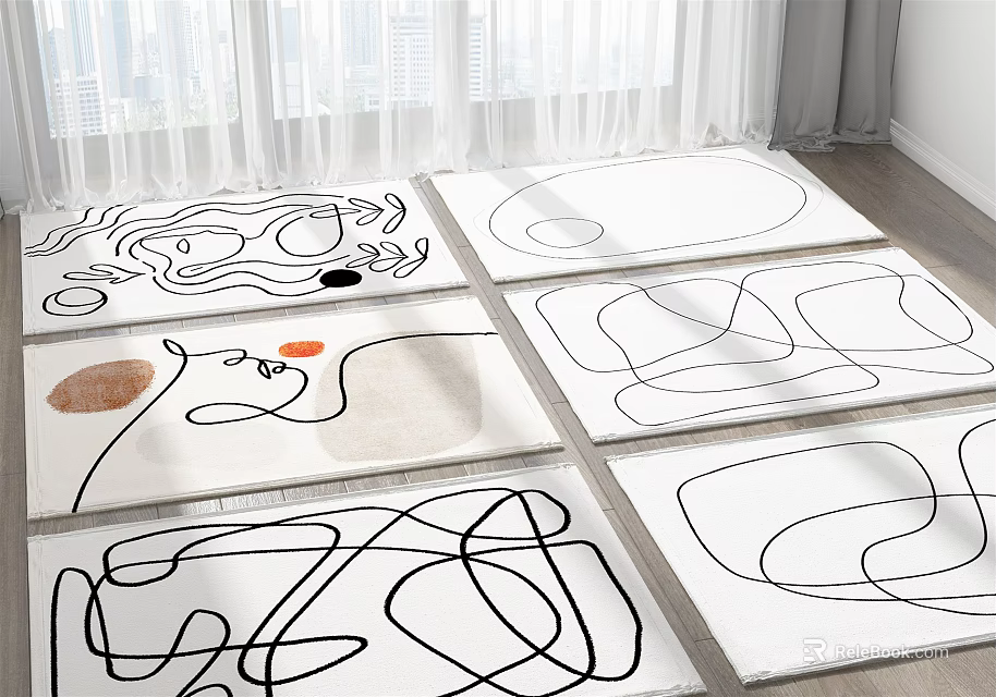 Square Rugs With Abstract Line Patterns Black White And Orange Accents For Modern Interior 3d model 