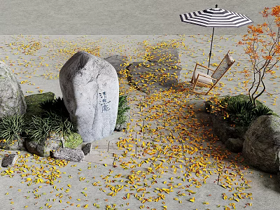 Outdoor Garden Corner With Engraved Stone Striped Umbrella Chair And Yellow Fallen Leaves 3d model