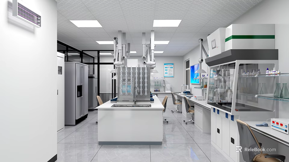 Modern Laboratory Interior With Lab Bench Fume Hood And Scientific Equipment 3d model 