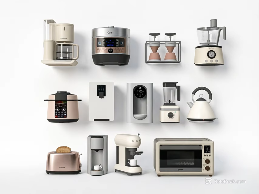 Various Modern Household Electrical Appliances Including Coffee Maker Rice Cooker Blender And Microwave 3d model 