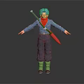 Game And Movie Character With Blue Hair Red Scarf Blue Jacket And Red Sword