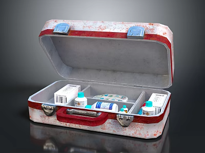 Essential Medical Devices In Open First Aid Kit With Medicine Bottles And Syringes 3d model