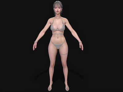 Woman In Gray Bikini With Leg Tattoo Standing In High Heels Against Black Background 3d model