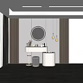 Modern White Dressing Table With Round Mirror Hanging Lights Drawer Cabinet And Cosmetics