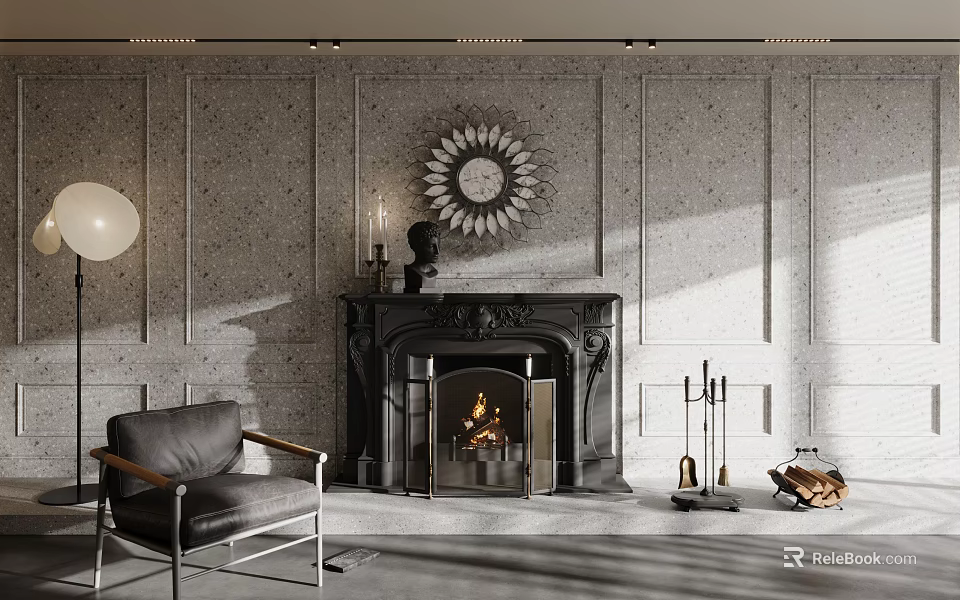 Classic Fireplace With Paneled Gray Walls Burning Fire Decorative Clock And Leather Chair 3d model 