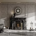 Classic Fireplace With Paneled Gray Walls Burning Fire Decorative Clock And Leather Chair