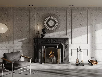 Classic Fireplace With Paneled Gray Walls Burning Fire Decorative Clock And Leather Chair 3d model