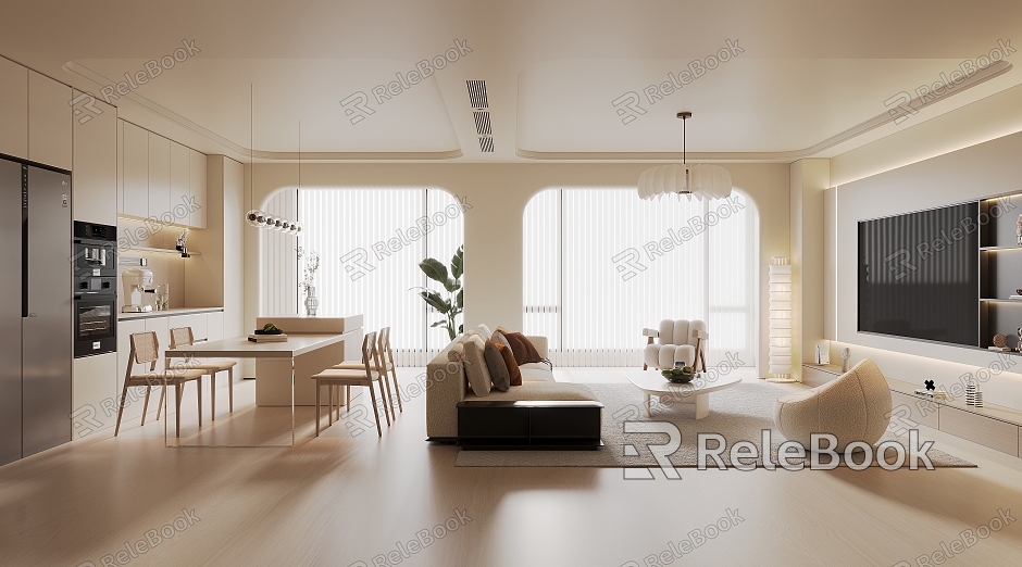 Cream Style Home Living Room Sofa Coffee Table Combination TV Background Wall Dining Table and Chair Combination Cabinet Wine Cabinet Chandelier Leisure Chair Green Planting Venetian Blinds model