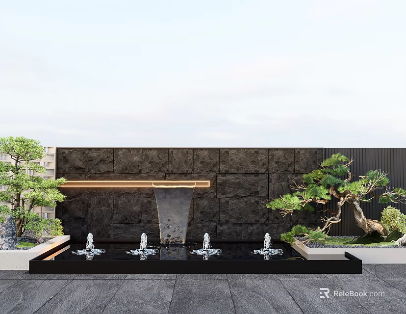 Modern Garden Feature Wall With Black Stone Water Fountains And Green Pine Plants 3d model 