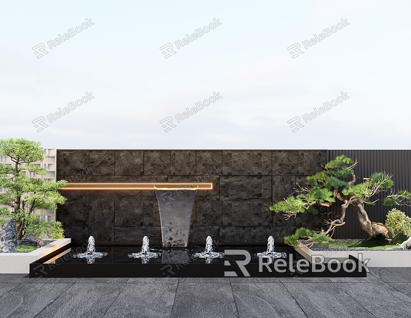 New Chinese style stacked water landscape wall flowing water landscape wall landscape modeling background wall landscape tree model