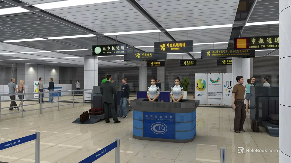 Modern Government Service Hall With Blue Counter Staff And Information Signs 3d model 