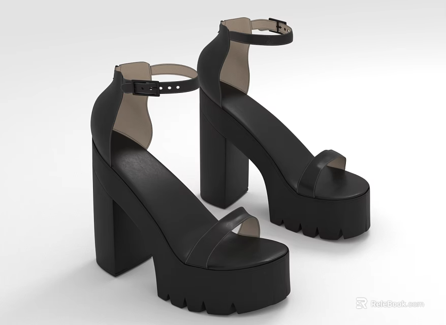 Black Platform Sandals with Block Heels and Ankle Straps Fashionable Modern Style 3d model 