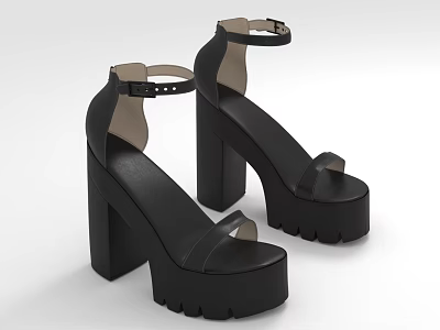 Black Platform Sandals with Block Heels and Ankle Straps Fashionable Modern Style 3d model
