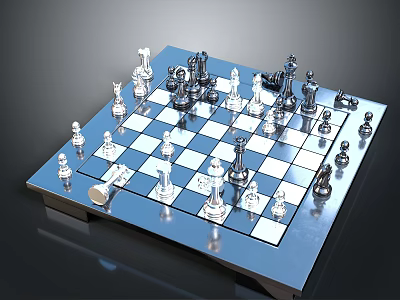 Modern Chessboard Setup With Blue White Squares And Metallic Chess Pieces 3d model