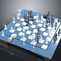 Modern Chessboard Setup With Blue White Squares And Metallic Chess Pieces