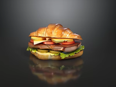 Appetizing Golden Croissant Sandwich With Juicy Grilled Meat Cheese Tomato And Fresh Crisp Vegetables 3d model