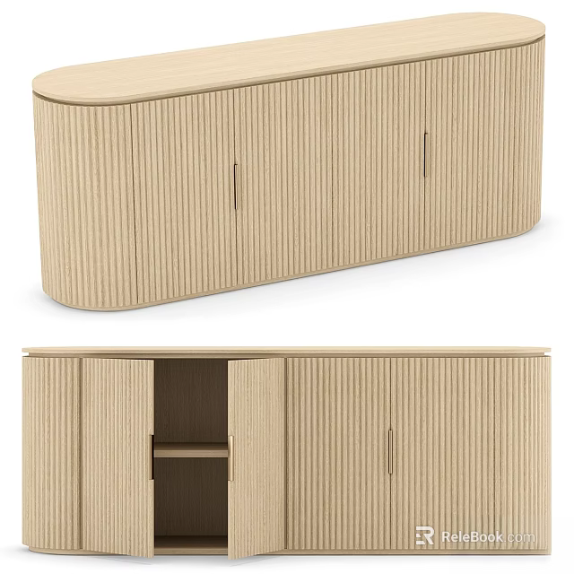 Modern Wooden Dresser With Vertical Stripe Design Multiple Doors And Open Inner Shelves 3d model 